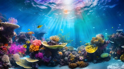 Underwater panoramic view of coral reef with fishes and sunlight