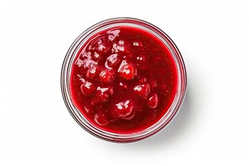Isolated top view of a small glass bowl with red berry jam on white background also sweet cherry jam