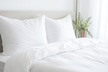 Isolated white bed with bedding and pillows in a bedroom