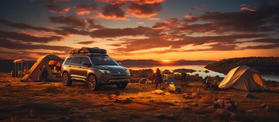 camping concept with tents and cars at sunset - obrazy, fototapety, plakaty