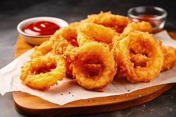 Ketchup on a white cutting board with fried onion rings - obrazy, fototapety, plakaty