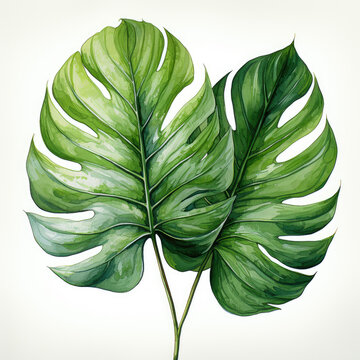green monstera leaves watercolor style clip art preview