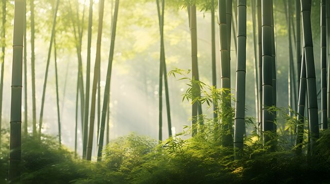 Morning in the bamboo forest. Panoramic image. Beauty in nature.