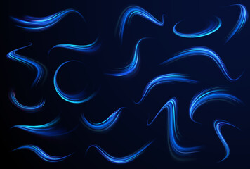 Blue wind waves effect. Abstract light motion trails with sparkles isolated on black background. Light blue Twirl. Curve light effect of blue line. Luminous blue circle.	