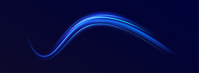 Blue speed ​​wave illustration with shine line background. Light everyday glowing effect. Light trail wave, fire path trace line, car lights, optic fiber and incandescence curve twirl.  - obrazy, fototapety, plakaty