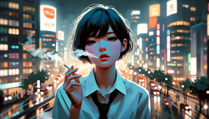 Japanese woman smoking a cigarette