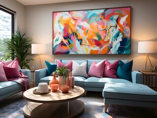Panorama of modern living room with blue sofa, coffee table and painting
