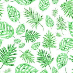 Poster Tropische bladeren Watercolor seamless pattern with tropical leaves. Beautiful allover print with hand drawn exotic plants. Swimwear botanical design. 