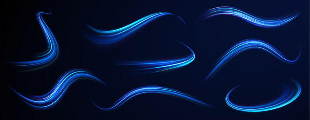 Blue speed ​​wave illustration with shine line background. Light everyday glowing effect. Light trail wave, fire path trace line, car lights, optic fiber and incandescence curve twirl. 