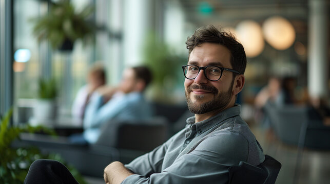 Young casual businessman with glasses sitting