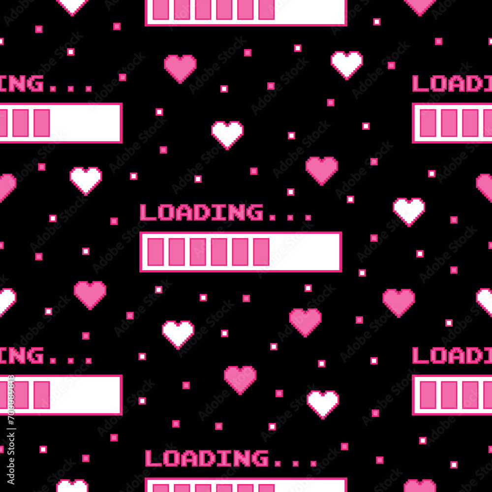 Poster seamless pattern in 2000s style with hearts and loading icon on a black background. vector illustrat