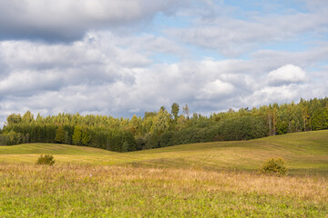 landscape of a field with sky and clouds in autumn sunny weather