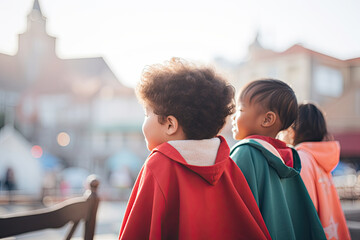 Fun-filled portrait of diverse preschool friends in superhero capes, enjoying Christmas time outdoors. - Powered by Adobe