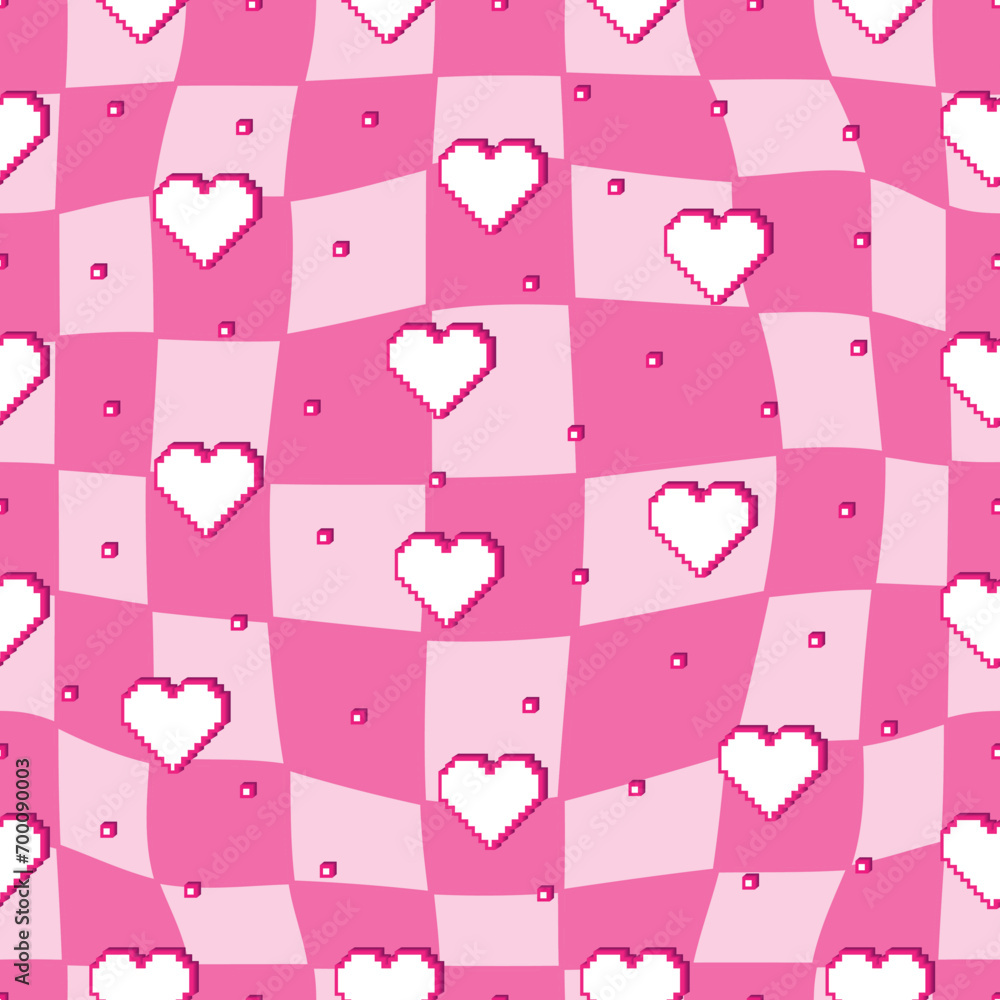 Aufkleber seamless pattern in 2000s style with pixelated hearts on a checkered pink background. vector illustr