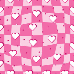 Seamless pattern in 2000s style with pixelated hearts on a checkered pink background. Vector illustration for Valentine's Day. Template for card, fabric, textile, wallpaper, paper, packaging