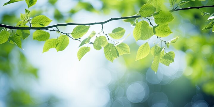 Lush nature with vibrant green leaves on branches, bathed in bright summer sunlight.