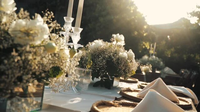 Wedding day event organization table setting decor luxury event. Wedding Decor. A large number of brown wooden chairs are lined up against the backdrop of the wedding decor. 