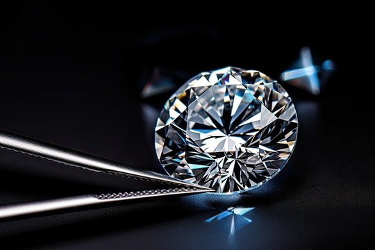 Diamond held with tweezers against a backdrop.