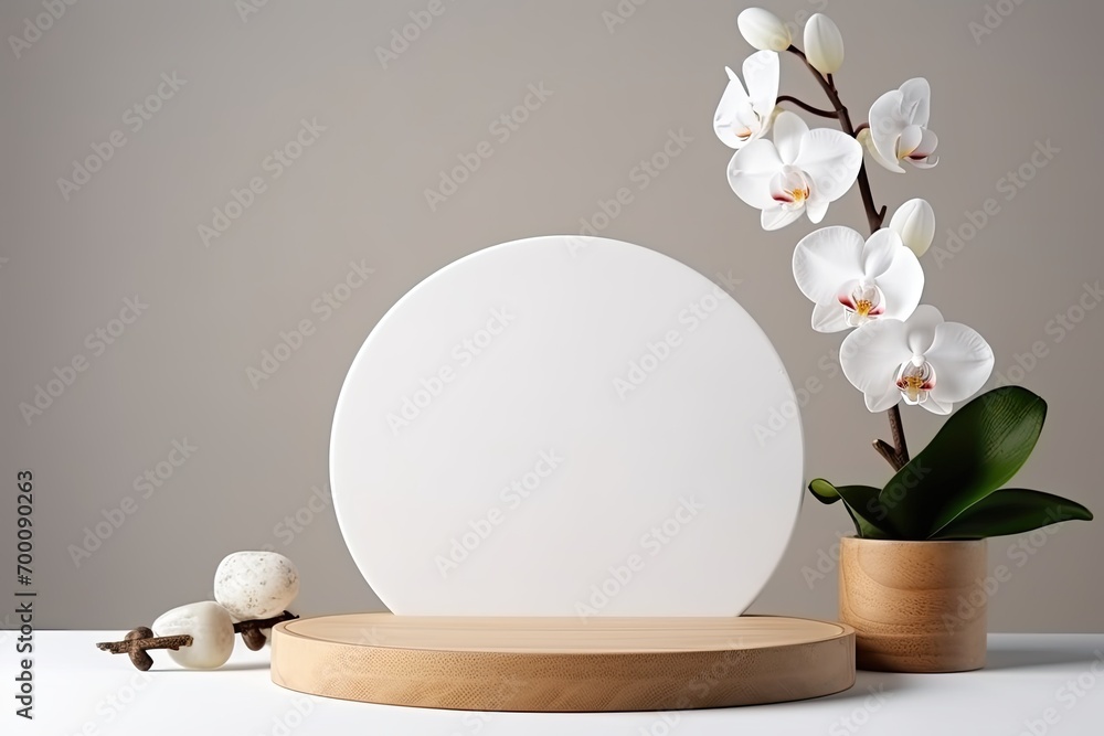 Sticker Simplistic product presentation with wood podium, white orchids. Scene for new product display, sale, promotion, cosmetic presentation.