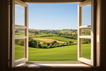 Open window with shutters overlooking rural curved road and green wheat field in the Mediterranean.