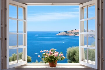 Sea view through open Mediterranean window with shutters. - obrazy, fototapety, plakaty
