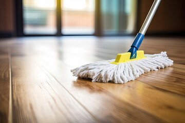 Household mopping to clean dirty wooden floor.