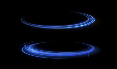 Night road speed illustration. Rounded neon line with light effect. Energy flow tunnel. Blue portal, platform.	