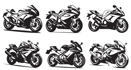 Motorcycle Type and Model Objects icons Set. Racing Artistry Sports Bike, Cartoon Motorbike, Motorcycles icons . great set collection clip art Silhouette, Black vector illustration on white background