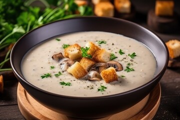 Pureed mushroom soup with croutons.