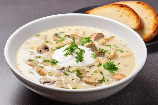 Mushroom soup with potatoes and sour cream served.