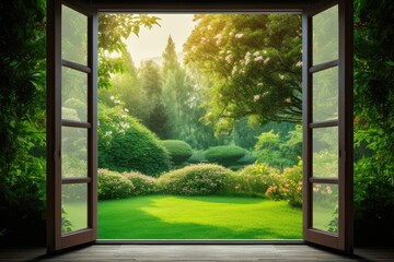 Green garden view from the open door.
