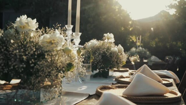 Wedding day event organization table setting decor luxury event. Wedding Decor. A large number of brown wooden chairs are lined up against the backdrop of the wedding decor. 