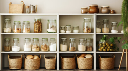 Organization of food storage. Cozy pantry with glass jars and wicker baskets. Light colour palette. Generative AI