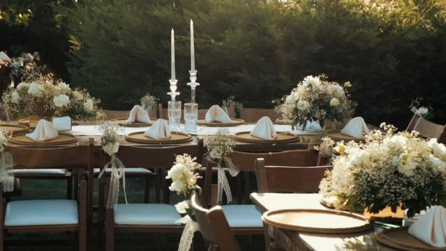 Wedding day event organization table setting decor luxury event. Wedding Decor. A large number of brown wooden chairs are lined up against the backdrop of the wedding decor. 