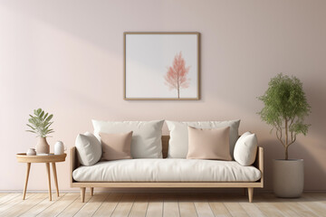 Minimalist pink wall living room in modern home with natural light. Cozy home, interior concept.