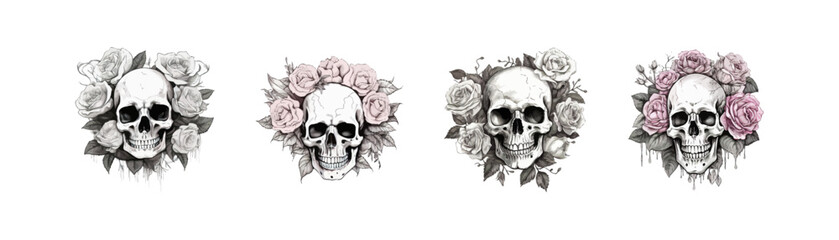 Skull with flowers with roses. Drawing by hand. Vector illustration design.