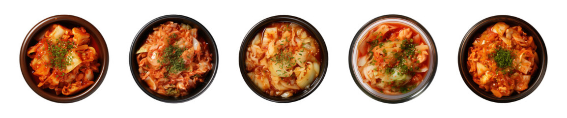 Collection bowl of Korean food, Chinese cabbage kimchi, top view isolated on a transparent background