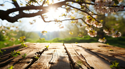 Empty wooden table with blurred spring background