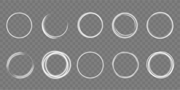 White shiny sparks of spiral wave. Shine round frame with light circles light effect. Semicircular wave, light trail curve swirl, incandescent optical fiber vector.		