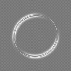 White shiny sparks of spiral wave. Shine round frame with light circles light effect. Semicircular wave, light trail curve swirl, incandescent optical fiber vector.	