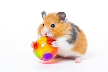 Hamster playing with ball on white background.