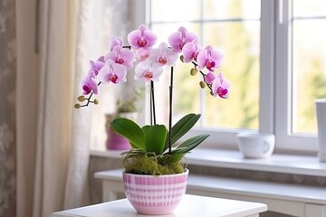 Phalaenopsis orchid with pink flower and leaves in a pot on a windowsill. Houseplant care and home garden decoration.