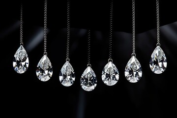 Different cuts of polished diamonds arranged in a row resemble a necklace of seven diamonds displayed on a black velvet banner. - obrazy, fototapety, plakaty
