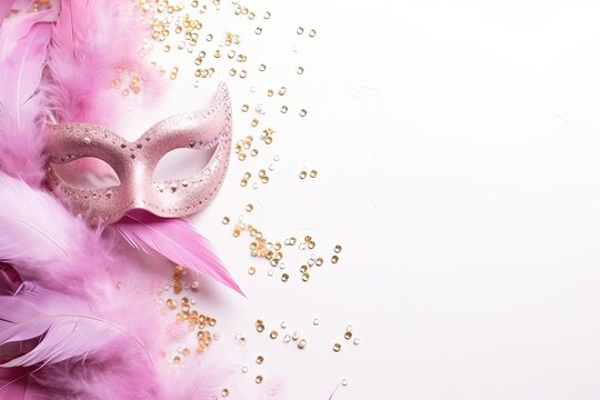 Close-up of white background with pink Venetian carnival mask and confetti, copy space available.
