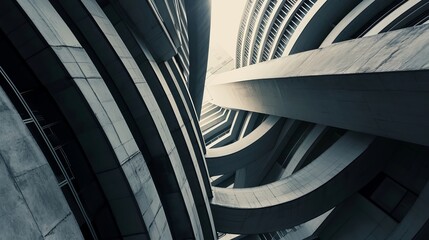 Modern Concrete Building with Curved Lines and Shadows, Urban Architecture Photography