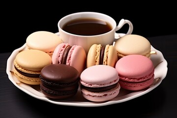 Obraz premium Mixed color flavor macaron set with earth tones French dessert with food selection emphasis