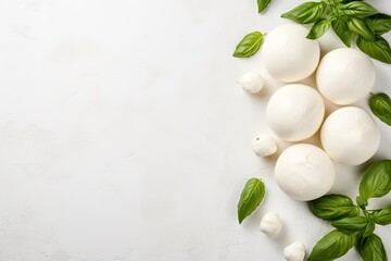 Mozzarella cheese collection with basil on light background top view - obrazy, fototapety, plakaty