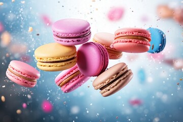 Multicolored macaroons soaring through the sky