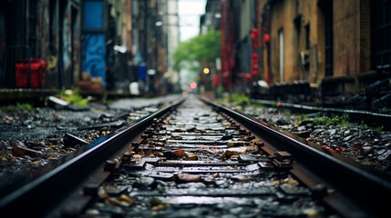 Train track between the houses of a city - obrazy, fototapety, plakaty