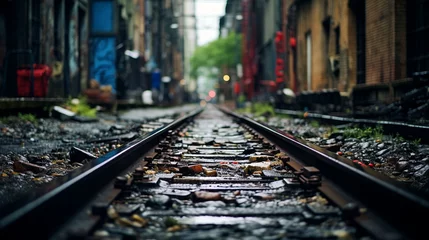 Photo sur Aluminium Ruelle étroite Train track between the houses of a city